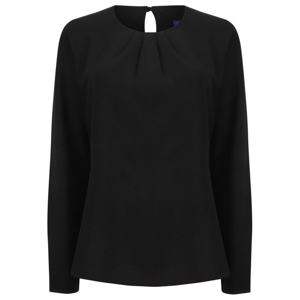 Henbury Womens/Ladies Yarn Pleat Front Long-Sleeved Blouse / Black
